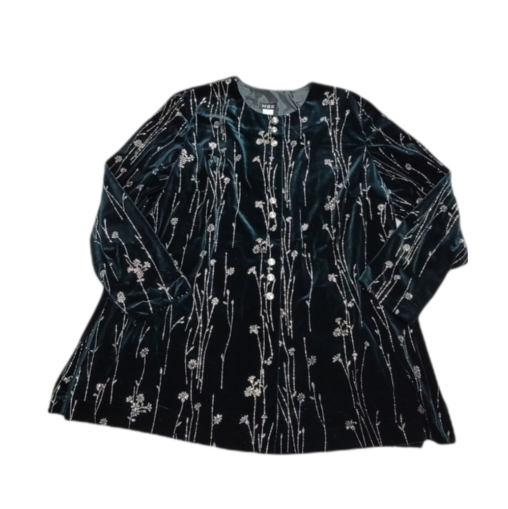 MSK Velvet Hunter Green Holiday Embellished Button Front Blazer Style Blouse 20W
